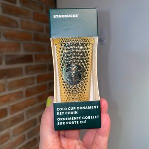 MWT Starbucks Cold Cup Ornament Keychain Gold Christmas 2022
